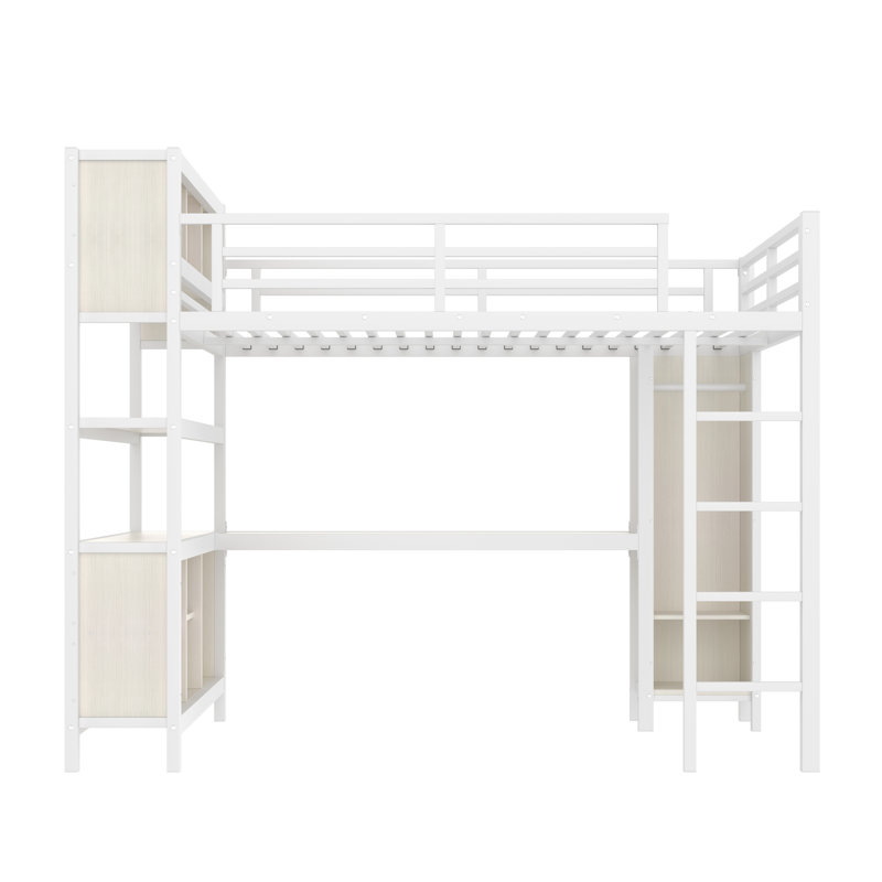 Queen Metal Loft Bed with Wardrobe, L-Shaped Desk, Storage Shelves & Cubes, Heavy Duty Loft Bed for Teens/Kids