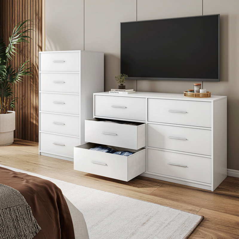 5-Drawer Dresser With Large Fabric Drawers, White