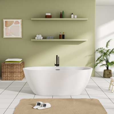 Baignoire de trempage en acrylique autoportante 59 po. X 30 po. Blanc mat brillant avec bonde escamotable