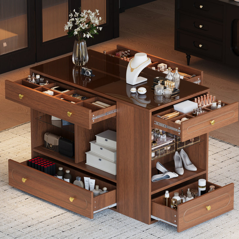 Modern Closet Island With 6 Drawers, Glass Display Top, And Open Shelves For Organized Storage And Elegance, Walnut
