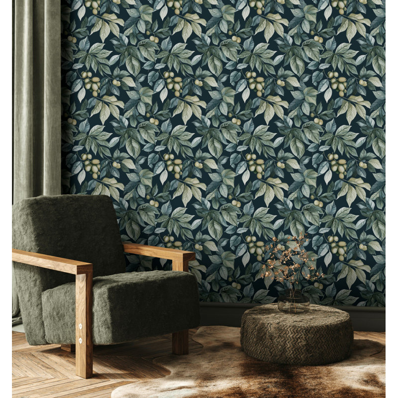 Papier peint botanique foncé avec feuilles vertes et baies - adhésif mural Moody