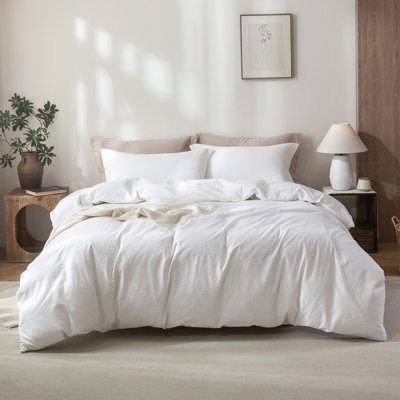 Solayne 100% Washed Cotton Duvet Cover Set with Faux Hemp Texture, Solid Colour, Zipper Closure and Corner Ties
