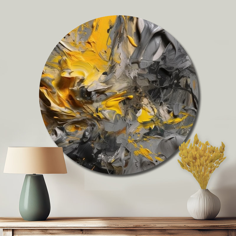 Jaune moutarde et gris vif - art abstrait rond en métal, H 36 po x l 36 po x P 1 po