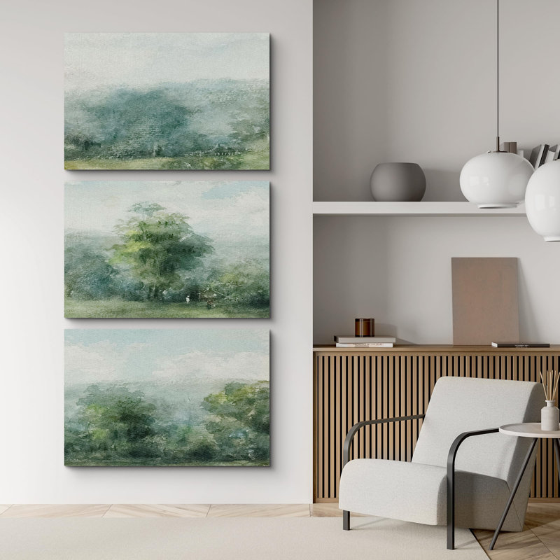 Paysage rustique vert verdoyant, campagne, paysage, illustrations 3 - pièces, Toile tendue, H 16 po x l 24 po