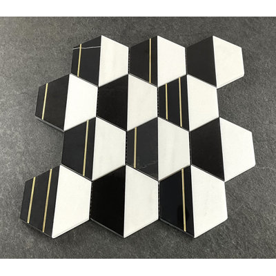 4" x 4" Thassos White, Absolute Black and Gold mini strip Honeycomb Mosaic Wall & Floor Tile
