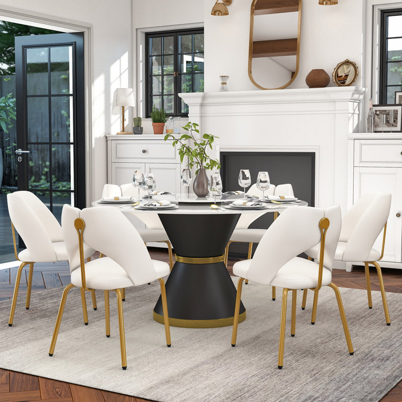 Ryding Modern Round Sintered Stone Dining Table with Rotating Tray, 29.5" H x 53" L x 53" W, White