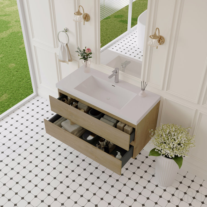 Meuble-lavabo suspendu de 107 cm avec lavabo, meuble de rangement mural moderne avec lavabo en surface solide et tiroirs à fermeture amortie, entièrement assemblé, chêne naturel