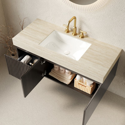 Ensemble de meuble-lavabo et lavabo 48 po, armoire de rangement flottante en contreplaqué avec tiroir et portes, comptoir en pierre frittée Roma Travertine et lavabo en céramique avec 3 trous de robinet pré-percés, pré-assemblé