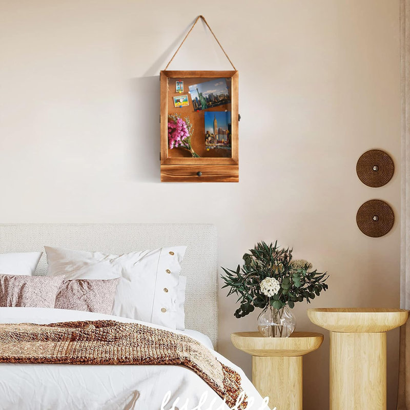 Shadow Box Frame , Drawer With Cork Back, Rustic Brown Wood With Polished Glass For Wall And Tabletop, Sturdy Memory Display Case