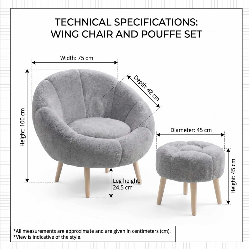 Ensemble de fauteuil à oreilles et pouf (2 pièces), Grey Polyester Blend
