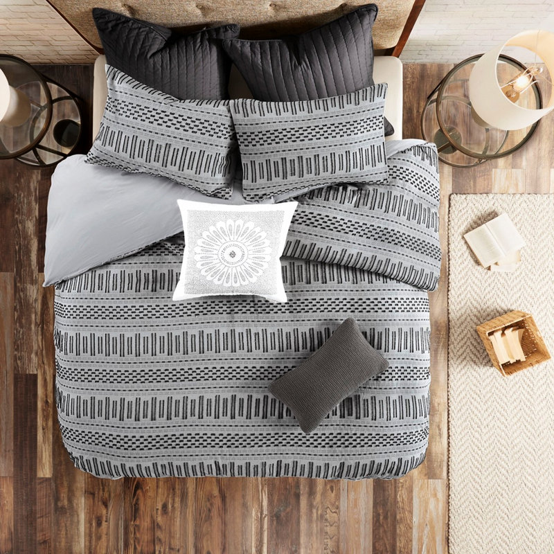 Édredon 100% coton très captivant gris / noir, Édredon pour très grand lit + 2 taies décorativ, Gris / Noir