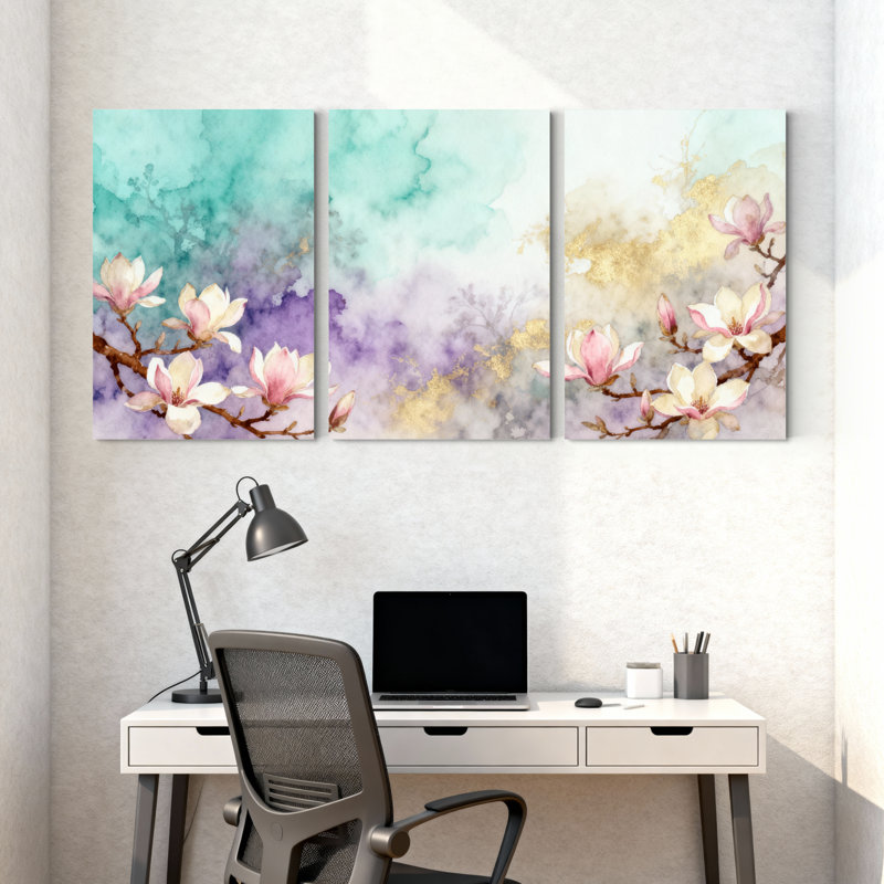 Aquarelle de magnolia sur fond doux, ensemble de 3 impressions sur toile, H 30 po x l 60 po