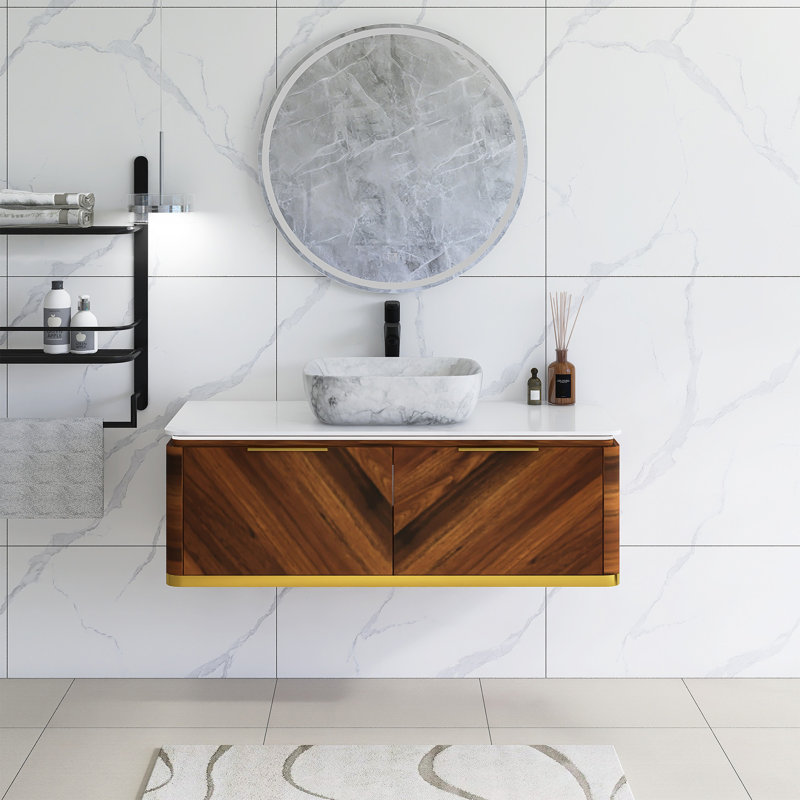 Meuble-lavabo mural 48 po en contreplaqué avec lavabo, Noyer foncé, 48"