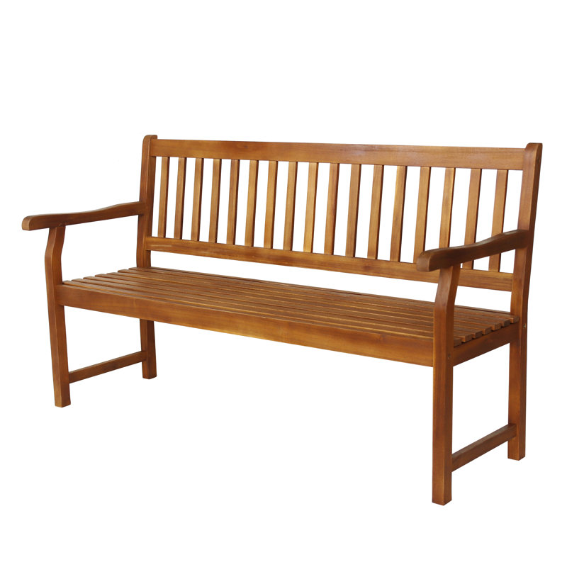Laurel 59" Classic Slatted Acacia Wood Indoor/Outdoor Patio Garden Bench with Armrests in Teak Finish for Porch, Deck and Entryway