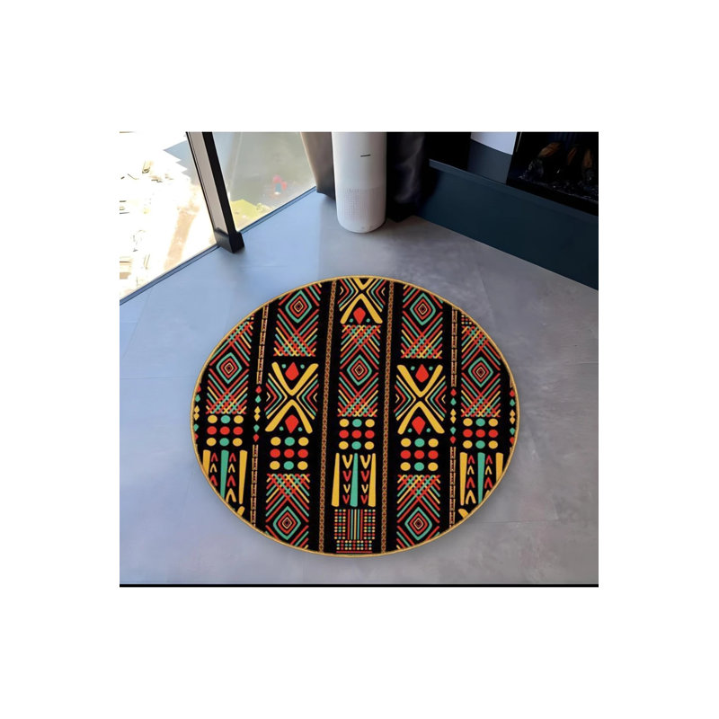 Multicolored Ethnic Motif Patterned Round Woven Base Vintage Decorative Carpet, Round 4'