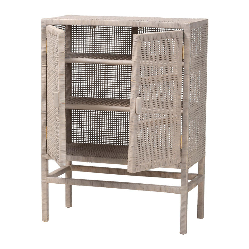 Meuble de rangement en rotin naturel bali & pari - Meuble d'appoint à 3 niveaux en osier tressé à la main avec double porte et socle surélevé, gris français