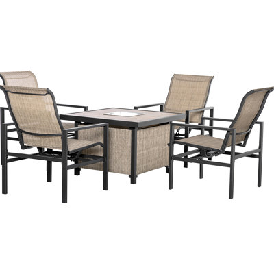 Outdoor Patio Dining , 5 Piece, Beige, Steel, 4 Calm And Leisurely Rocking Chairs & Ice Bucket Table Piece Furniture