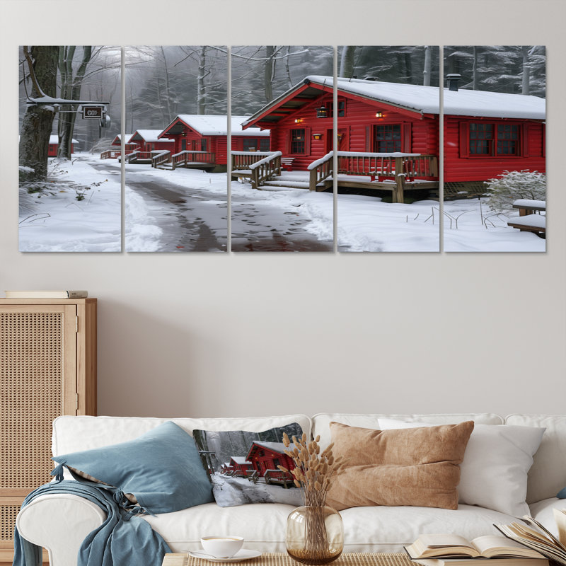 Rouge, blanc, hiver, hôtel, confortable, chalet I - hôtels et loges, ensemble d'art sur toile, H 28 po x l 60 po