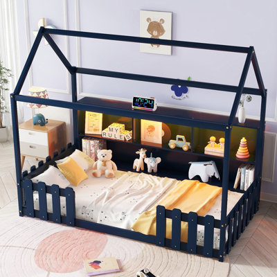 Twin Size House Bed With LED Light, Wood House Bed With Storage Bookshelf, Floor House Bed With Guardrails For Kids