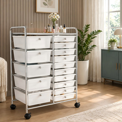 Sort paperwork and art and craft materials into 15 drawers arranged in 2 columns on this chrome rolling organizer; 35.8 Inches Tall with lockable wheels for schools and offices