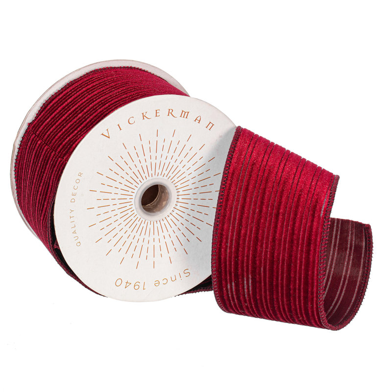 Vickerman 10yd Velvet Lined Satin Back Ribbon., 0.2" H x 360" W x 2.5" D, Burgundy