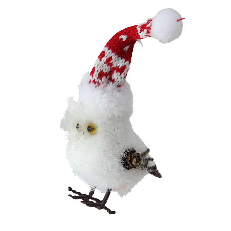 Figurine de Noël 6 po Hibou blanc et rouge en chapeau nordique avec ailes de brindilles