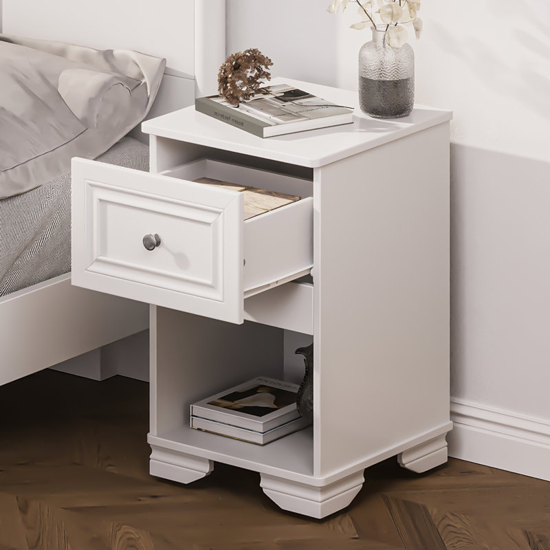 Table de chevet avec rangement et tablette ouverte, table de chevet de style rétro avec design classique et poignée en métal, parfaite pour la décoration de chambre à coucher