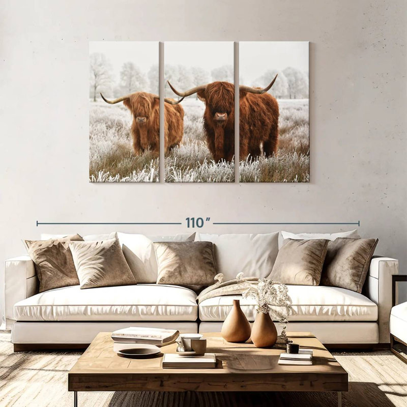 Poilu Highland Cows 3 pièces, H 48 po x l 74 po x P 1,25 po