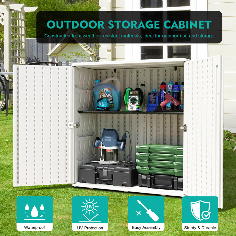 Remise de rangement d'extérieur verticale en plastique l 2,86 pi x H 3,02 pi avec une tablette, Blanc cassé / blanc