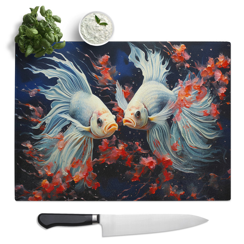 Siamese Fish Action  Glass Chopping Board