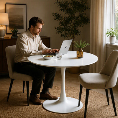 White Round Dining Table,Modern Dining Table, Dining Table,MDF Tabletop and Iron Spray-Painted Matte Base,Oval Dining Table,Mid Century Coffee Table f