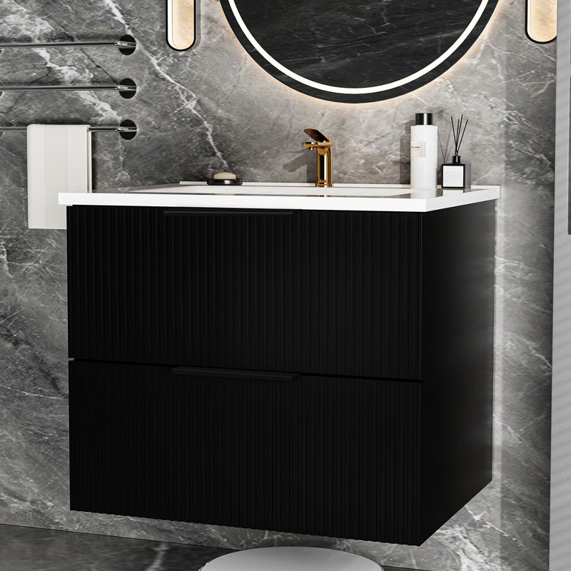 Meuble-lavabo mural cannelé et flottant avec lavabo et tiroirs en céramique, panneau multicouche durable, premier tiroir en U facile à entretenir, protège le fond