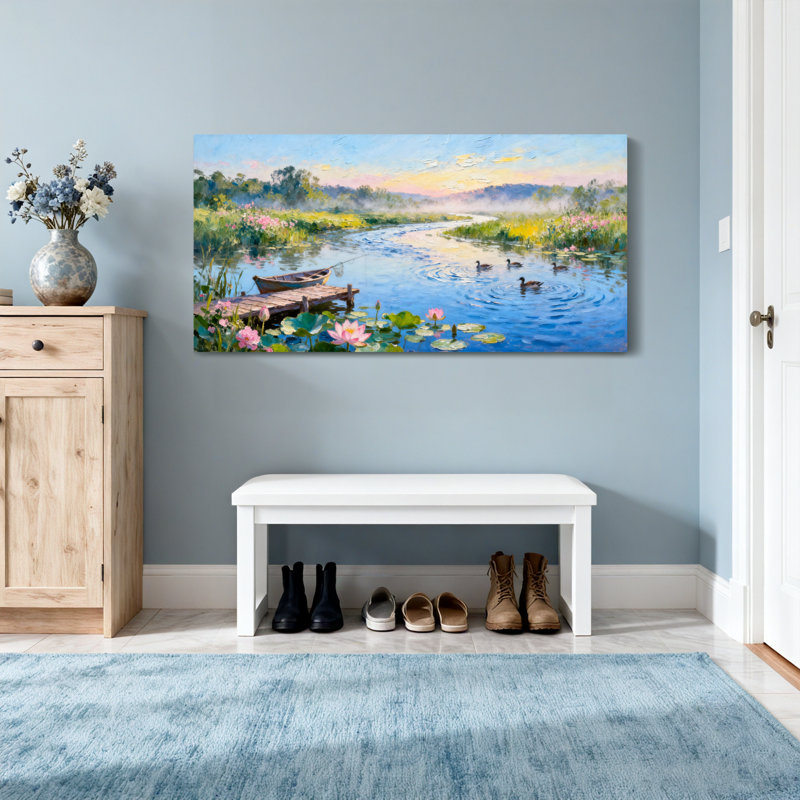 Paysages pittoresques et urbains, lac serein avec canards et fleurs, H 16 po x l 32 po