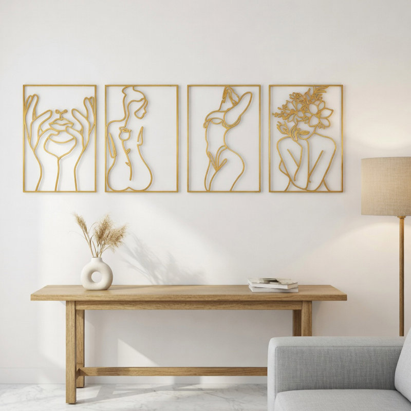 Ensemble de 4 décorations murales en or minimaliste, silhouette de femme abstraite en métal (17 po x 11,8 po)