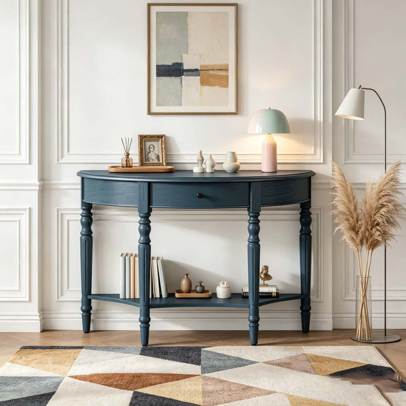Console demi-lune avec tiroir et tablette, Marine