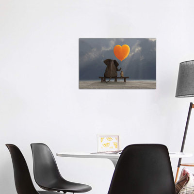 Elephant And Dog Holding A Heart Shaped Balloon by Mike Kiev - Wrapped Canvas Print