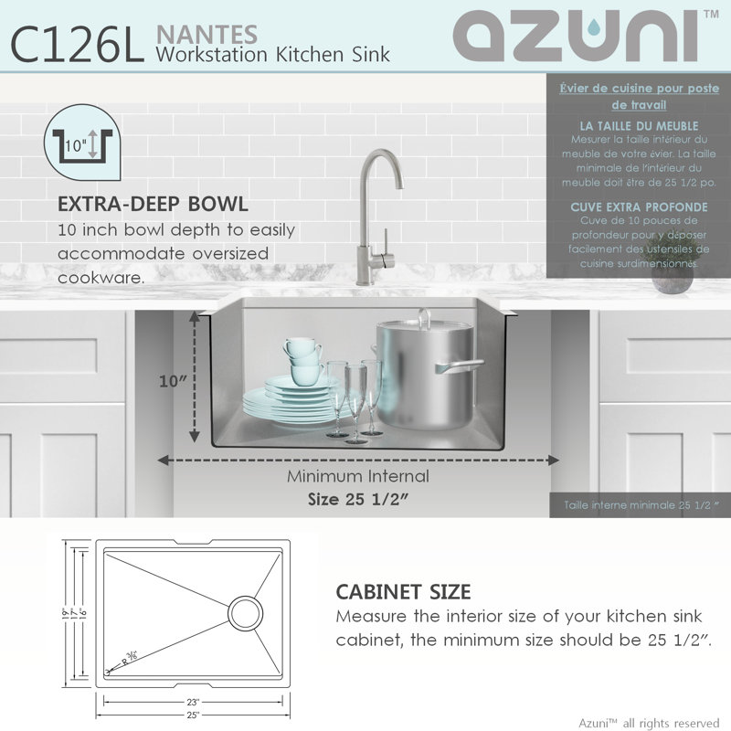 AZUNI Avanti Undermount 25 inch Stainless Steel Single Bowl Kitchen Sink
