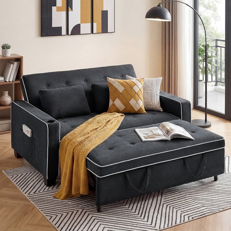Canapé-lit convertible 3 en 1 de 165 cm (64,8 po) avec coussins, poches latérales et porte-gobelet., Noir