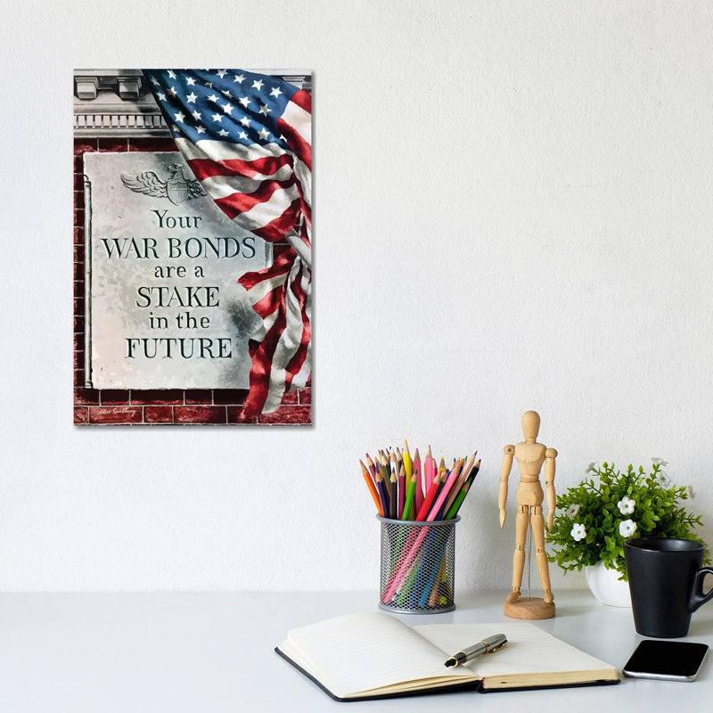 Vintage WWII Poster of the American Flag and a Sign on a Brick Building 1 Piece Wrapped Canvas Wall Art