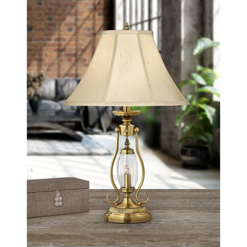 Antique Brass and Glass Dome Table Lamp Set with Beige Shade