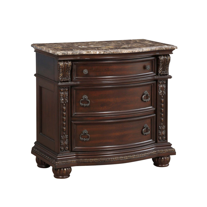 Table de chevet de style européen traditionnel avec plateau en marbre véritable et 3 tiroirs, finition cerisier foncé avec basculement doré