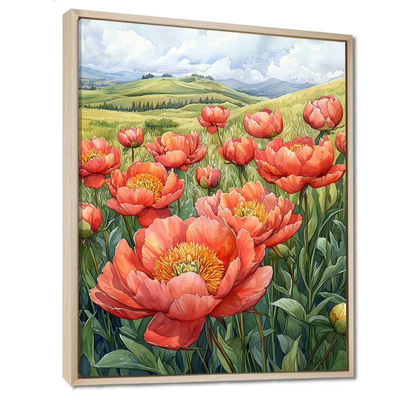 Elyria pivoines dans la prairie roulante I - pivoines, art mural, H 40 po x l 30 po, Reproduction avec cadre flottant