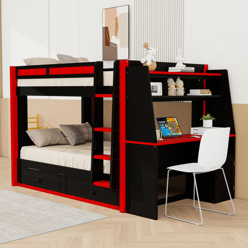 Lit superposé double au-dessus de double avec tiroirs de rangement intégrés, tablettes et bureau, Black Red