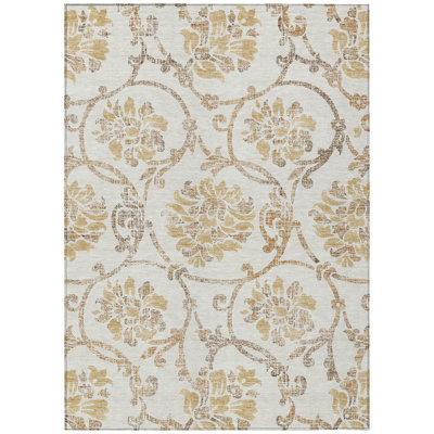 5' X 8' Ivory Beige Floral Washable Indoor Outdoor Area Rug