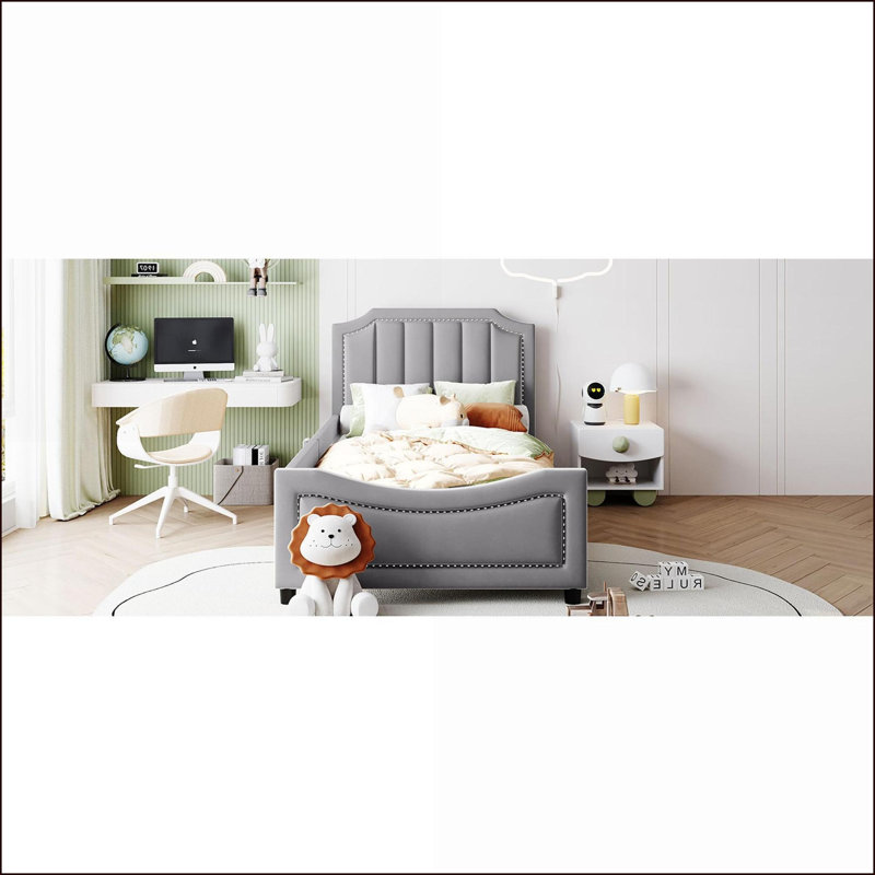Twin Size Velvet Upholstered Daybed with Classic Stripe Headboard - Gray Pine Wood Frame, No Box Spring Needed, Gray