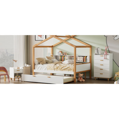 Lit simple en bois blanc avec cadre en bois original, lit gigogne simple et rangement pour bibliothèque
