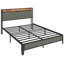 Full Size Metal Platform Bed Frame with Upholstered Headboard and Charging Station, Grey-1462514788