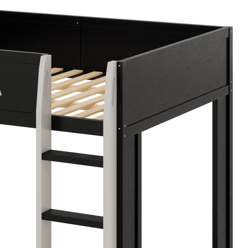 Wooden Gaming Bunk Bed With Desk,Two Storage Shelves,USB And LED Light, Black/Gray