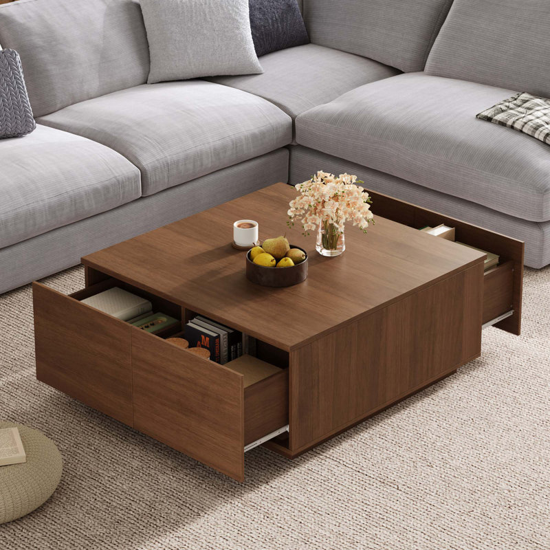 Table basse 33,25 "carrée avec 4 tiroirs, Noyer
