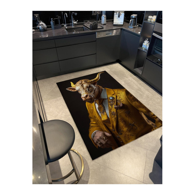 Tapis noir à motif de chèvre noir, Sous-tapis rectangulaire 2 pi 6 po x 9 pi 10 po